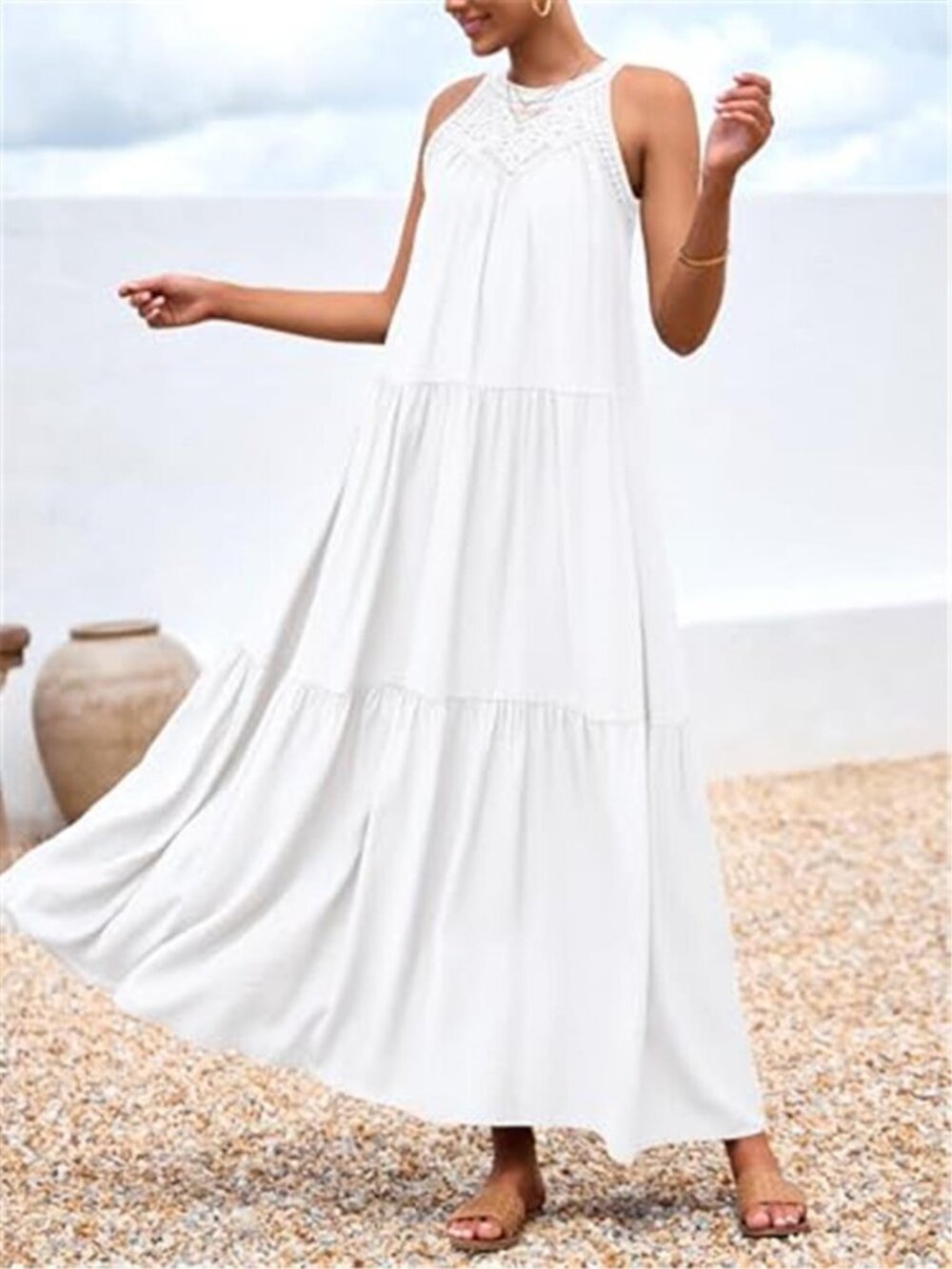 Women's Halter Summer Dress Casual Spring Hollow Boho Maxi Dress - Picture 5 of 6